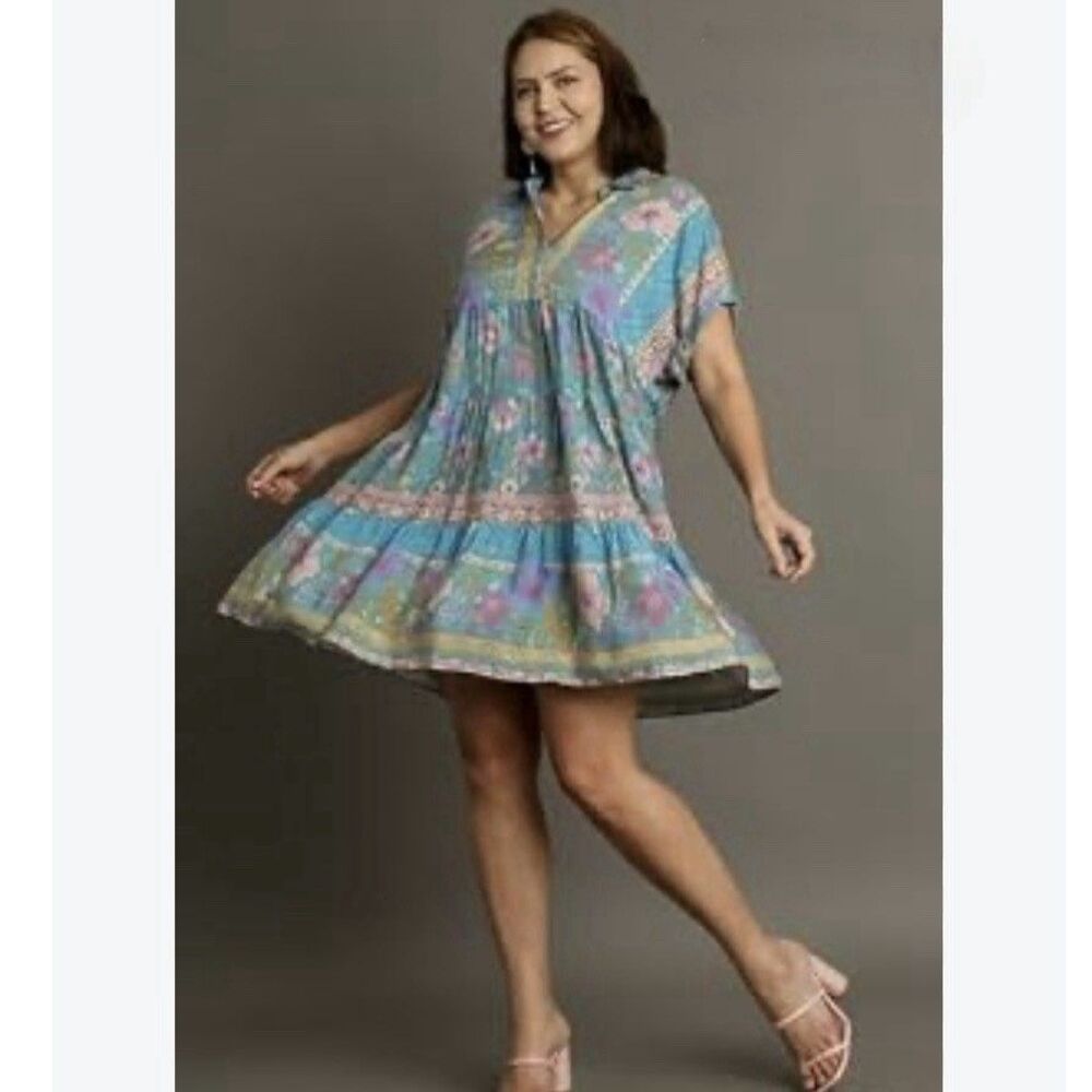Umgee Teal Floral Collared Babydoll Retro Dress Estimated Size S